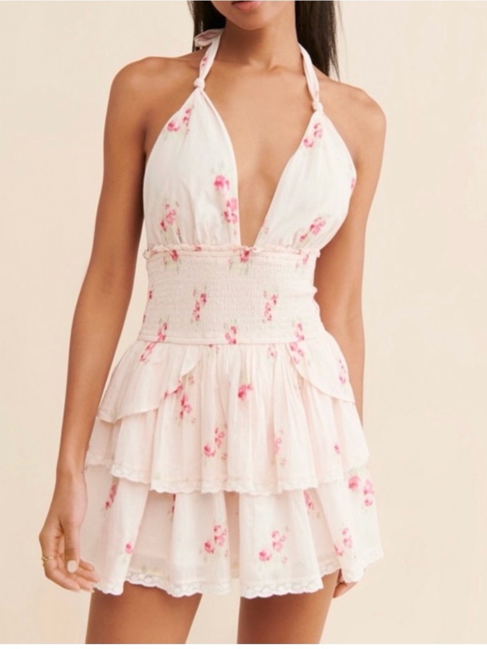 LoveShackFancy Deanna Halter Floral Mini Dress in white size S